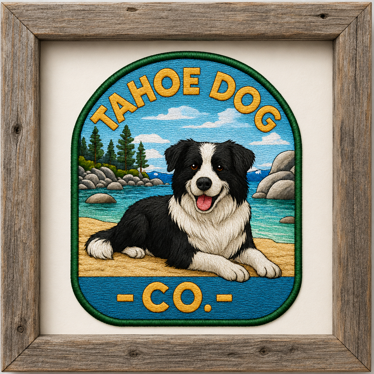 Tahoe Dog art print featuring a Border Collie in a rustic wood frame