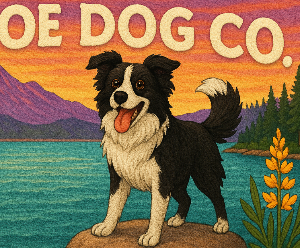 Colorful visual Tahoe Dog Co. logo with black and white border collie dog at Lake Tahoe