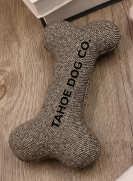 Dark khaki Tahoe Dog Soft Bone Toy with black Tahoe Dog Co. lettering