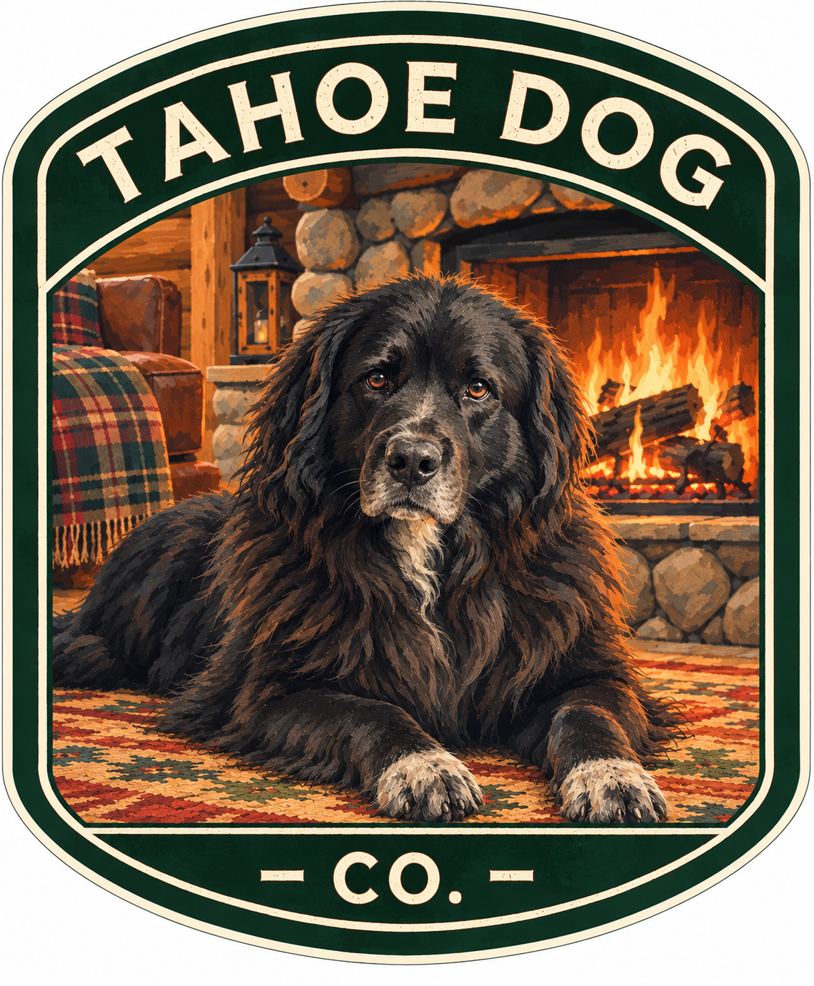 Bear, a large fluffy black Tahoe City shop dog, relaxing beside a stone fireplace in a cozy mountain cabin on a Tahoe Dog Co. vinyl sticker.
 Copy