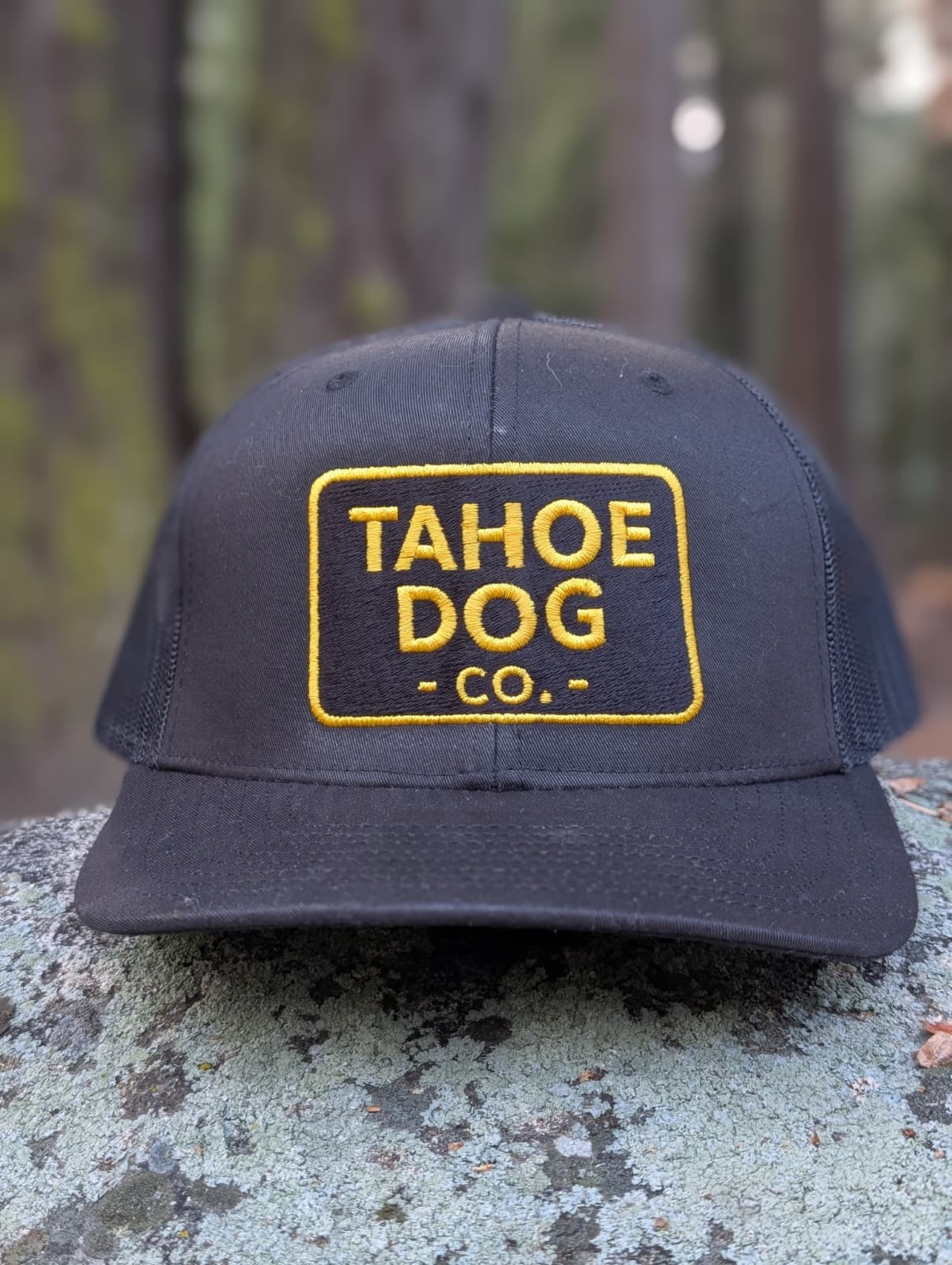 Black trucker hat featuring Tahoe Dog Co. logo (new as of 12/5/25!)