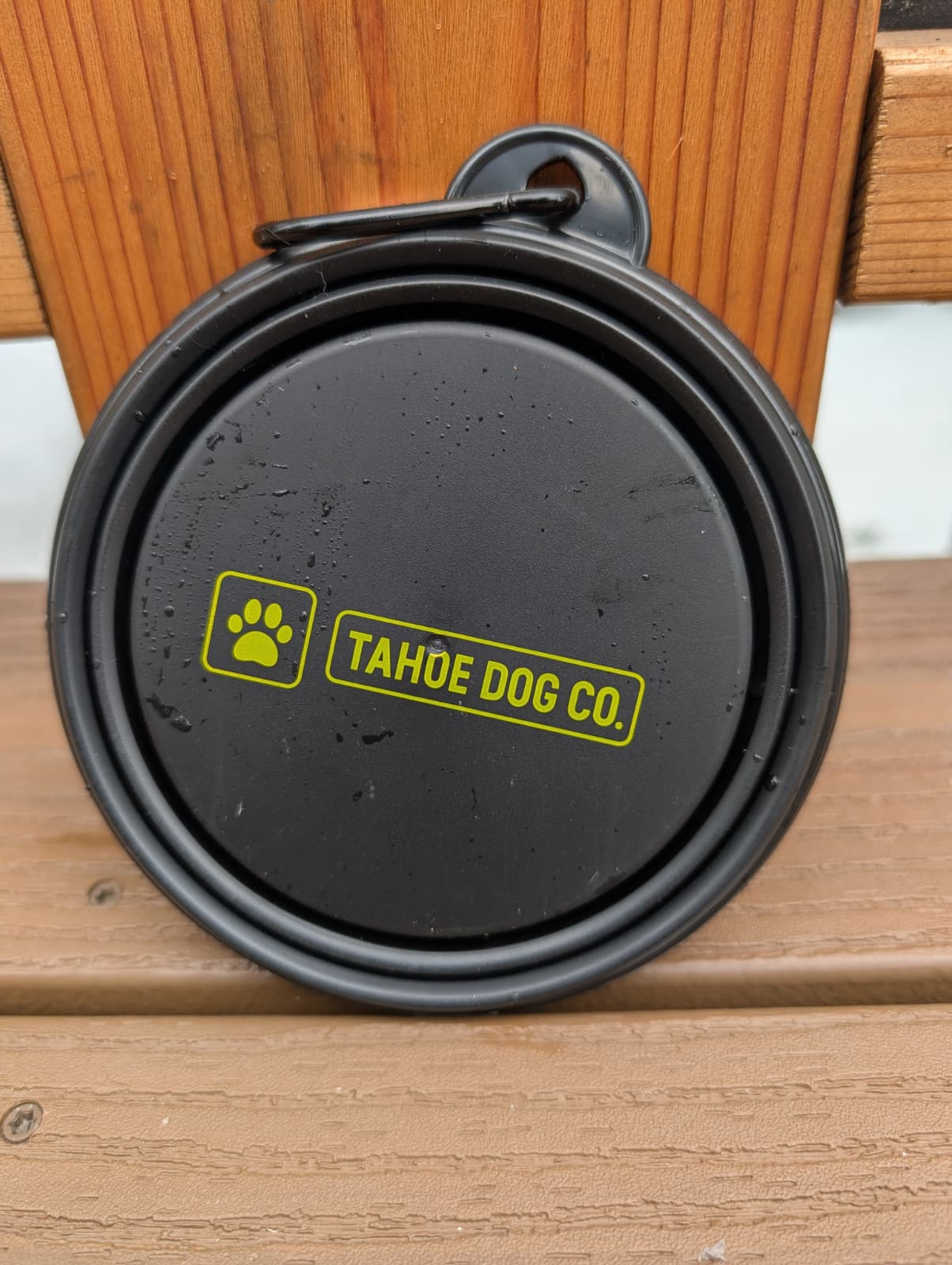 Collapsible water bowl with Tahoe Dog Co. logo