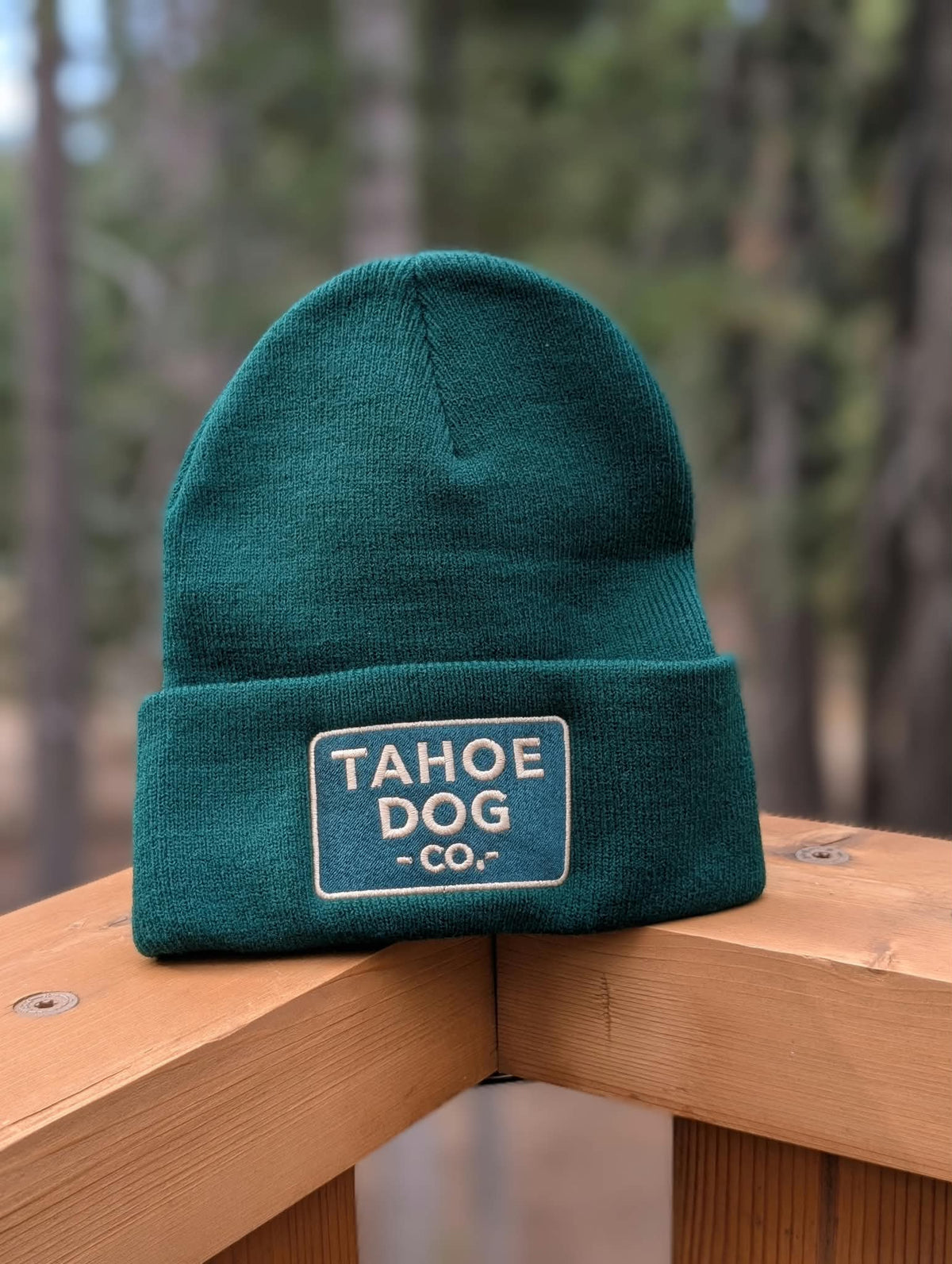Forest green Tahoe Dog Co. cuffed beanie with beige logo patch displayed outdoors in Lake Tahoe.