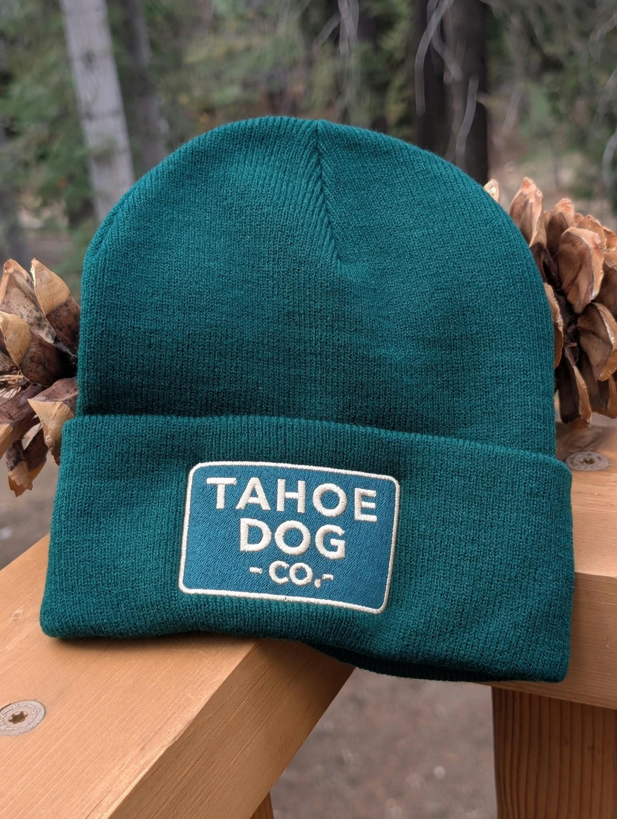 Forest green Tahoe Dog Co. cuffed beanie with beige logo patch displayed outdoors in Lake Tahoe.