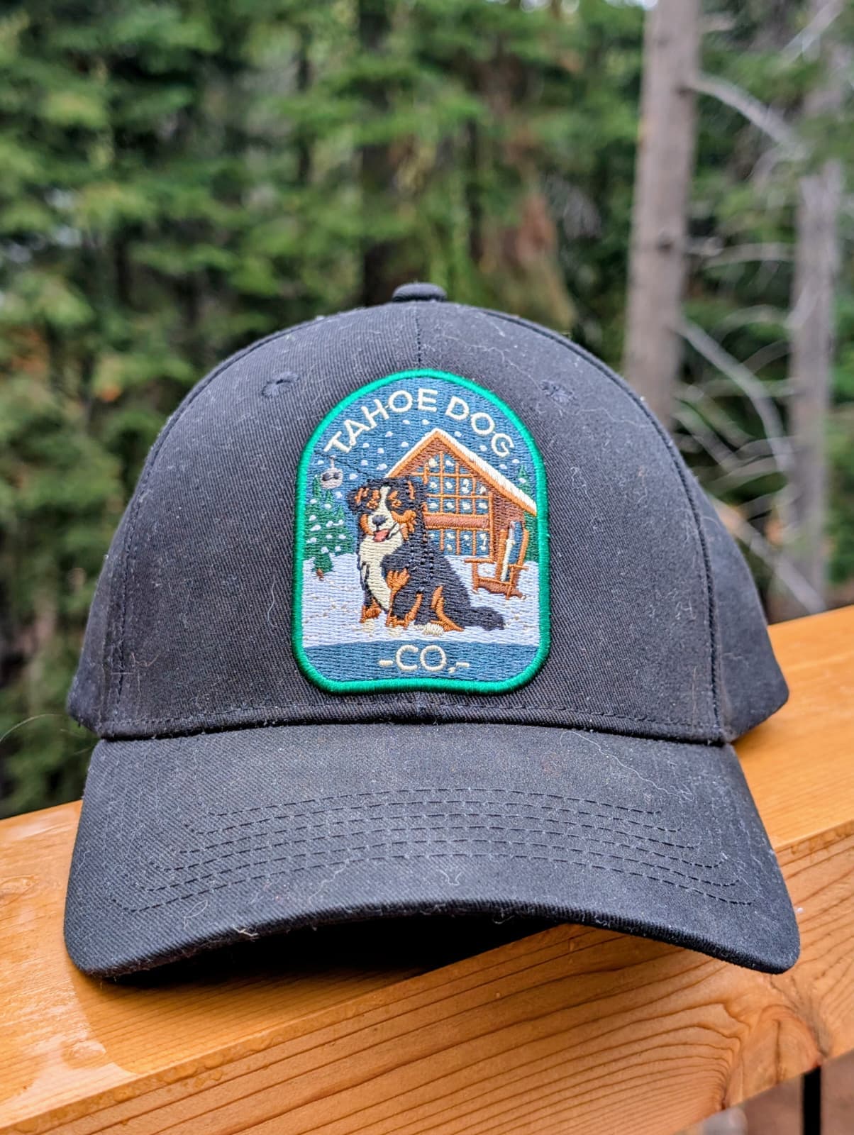 Tahoe Dog Co. + black baseball hat + Otto the Australian Shepherd / Bernese Mountain Dog Hat + Palisades Tahoe Chamois Loft & Bar