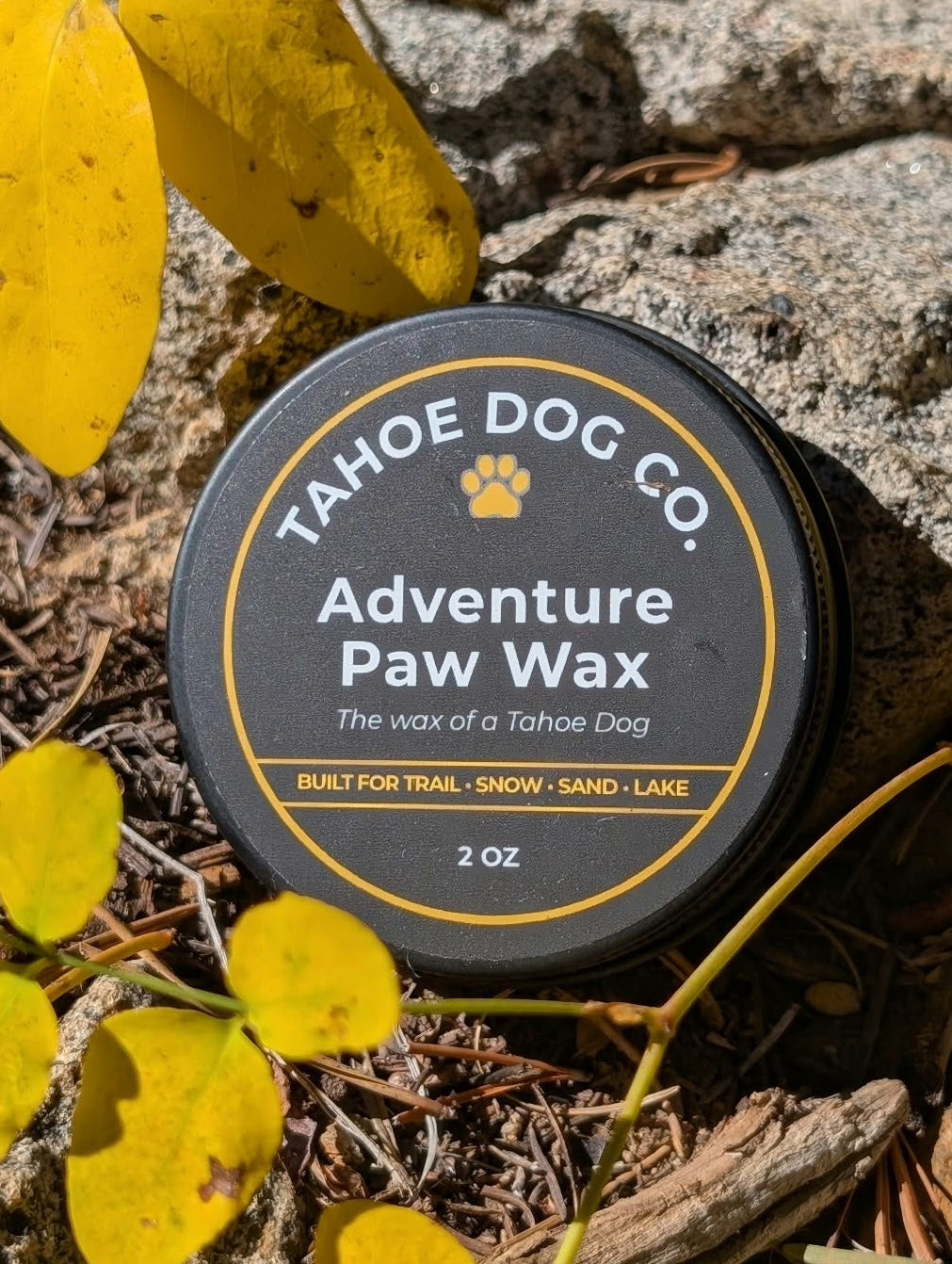 Tahoe Dog Co. Adventure Paw Wax 2 oz tin resting among rocks, pine needles, and yellow autumn leaves.