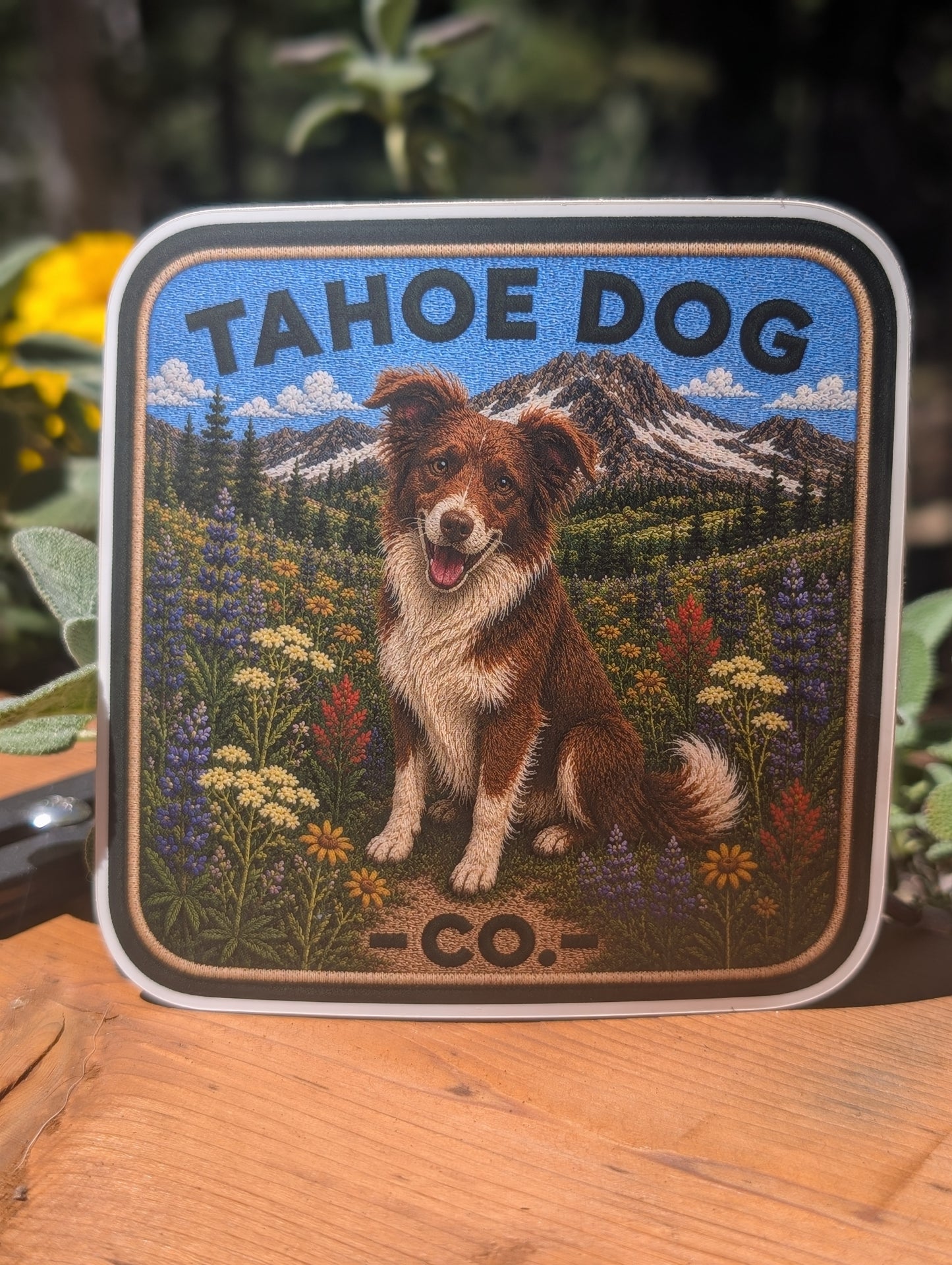 Tahoe Dog Co. sticker featuring Riley, a red-and-white Border Collie Australian Shepherd mix, among wildflowers near Winnemucca Lake
