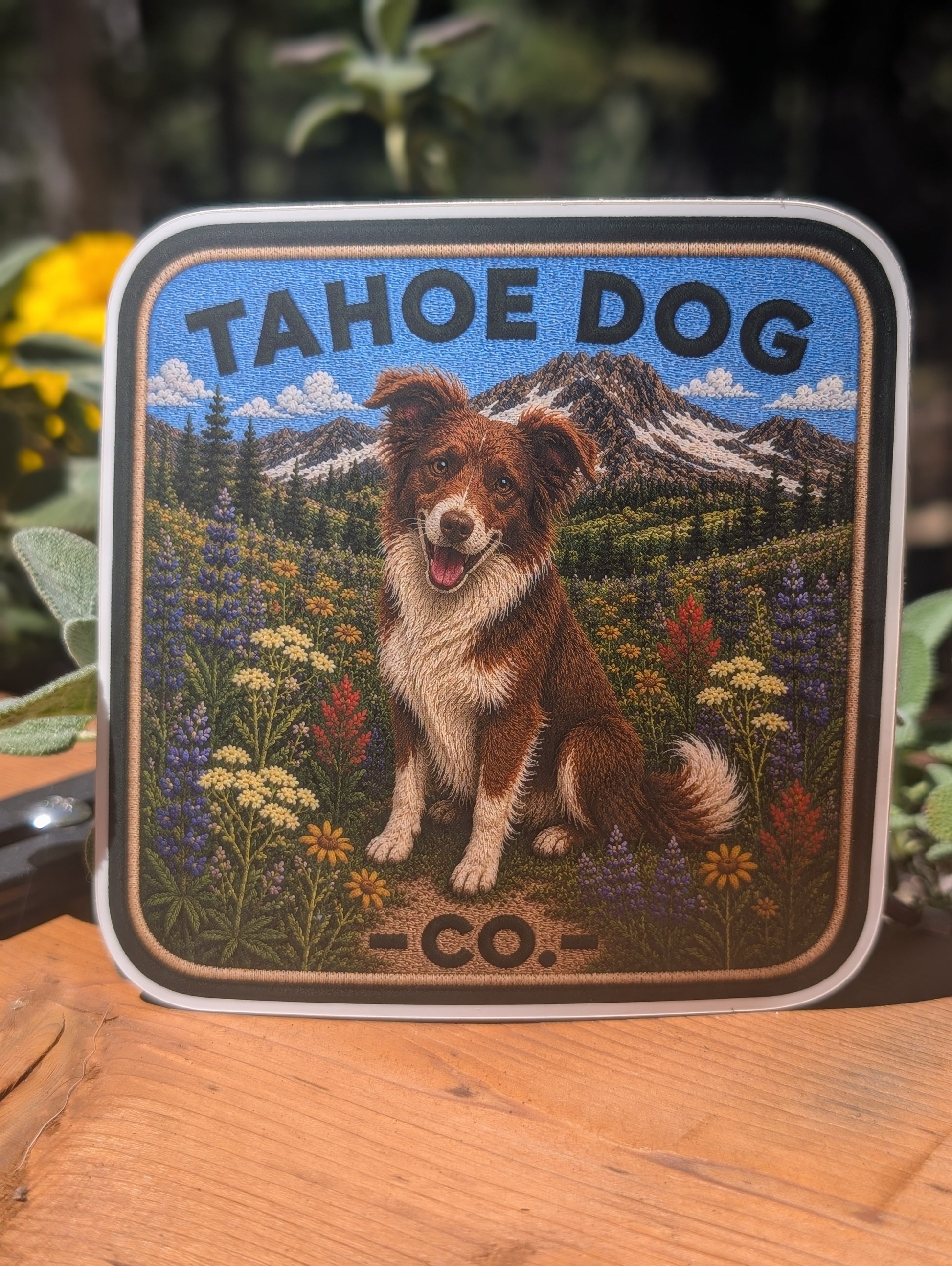 Tahoe Dog Co. sticker featuring Riley, a red-and-white Border Collie Australian Shepherd mix, among wildflowers near Winnemucca Lake